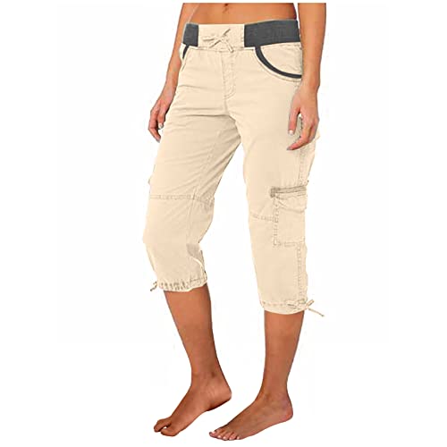 LNNGNIA Die Discounter Cargohose Damen Sommer Knielang Cargo Shorts 3/4 Arbeitshose Regular Fit Sommerhose Einfarbig Caprihose Baumwolle Hose Hohe Taille Freizeithose Elastisch Sporthose Jogginghose von LNNGNIA