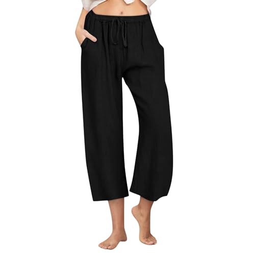 LNNGNIA Sommer 3/4 Hose Damen Leinen Baumwolle Stoffhose Leicht Atmungsaktiv Leinenhose Einfarbig Yogahose Lässig Weites Bein Hosen mit Taschen Sommerhose Weich Bequem Sporthose für Frauen von LNNGNIA