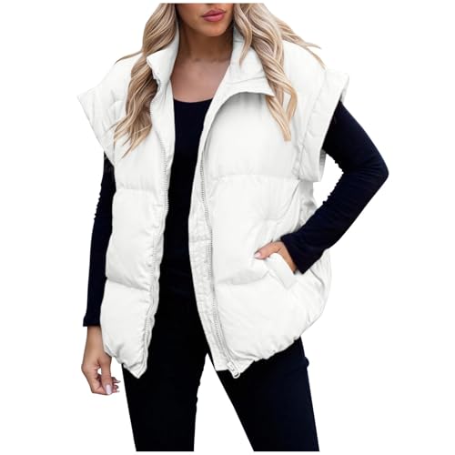 LNNGNIA Winterweste Damen Oversize Einfarbig Steppweste Casual Trendiges Gesteppt Weste Ärmellos Winterjacke Dicke Damenweste Warme Bequem Übergangsweste Stehkragen Kurzeweste Thermoweste mit Taschen von LNNGNIA
