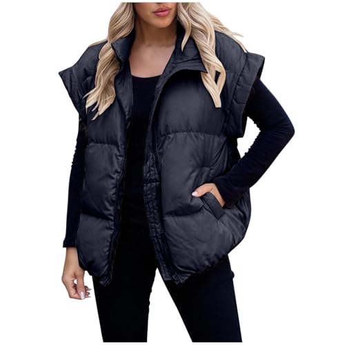 LNNGNIA Winterweste Damen Oversize Einfarbig Steppweste Casual Trendiges Gesteppt Weste Ärmellos Winterjacke Dicke Damenweste Warme Bequem Übergangsweste Stehkragen Kurzeweste Thermoweste mit Taschen von LNNGNIA