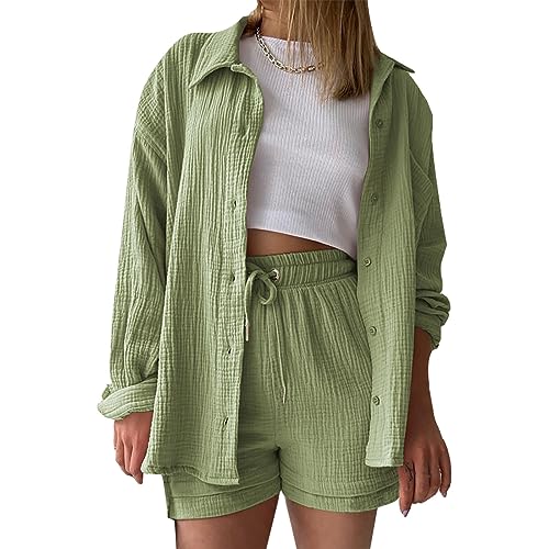 LNNGNIA Zweiteiler Damen Sommer Outfits Musselin Bluse und Shorts, Aesthetic 2 Teiler Lounge Set Elegant Baumwolle Sportanzug Oversize Hosenanzug Langarm 3/4 Arm Hausanzug Y2K Clothes von LNNGNIA
