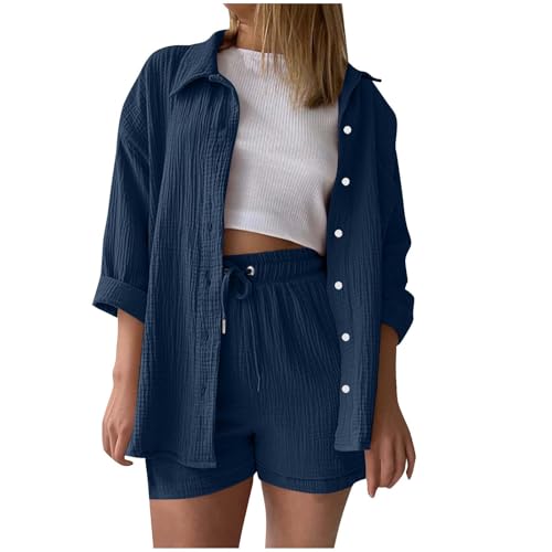 LNNGNIA Zweiteiler Damen Sommer Outfits Musselin Bluse und Shorts, Aesthetic 2 Teiler Lounge Set Elegant Baumwolle Sportanzug Oversize Hosenanzug Langarm 3/4 Arm Hausanzug Y2K Clothes von LNNGNIA