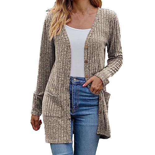 Lang Strickjacke Damen Gerippt Cardigan Langarm Knopfleiste Strickjacken Grobstrick Cardigans mit Taschen Offen Front Jacke Elegant Longstrickjacke V-Ausschnitt Herbstjacke Warme Bequem Longcardigan von LNNGNIA