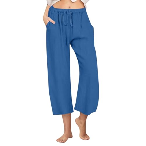 Leinenhose Damen Sommer 3/4 Hose Weite Lose Freizeithose Baumwolle Leinen Stoffhose Einfarbig Caprihose Leichte Sommerhose Große Größen Hosen Elastischem Bund Jogginghose Atmungsaktive Strandhose von LNNGNIA