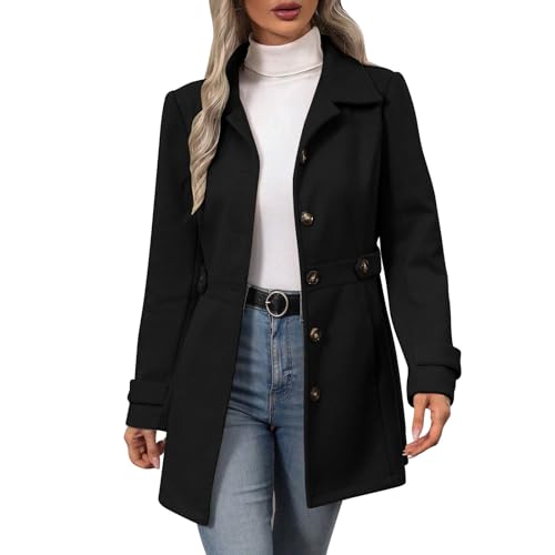 Mantel Damen Windbreaker Taillierte Einreihiger Windjacke Mittellang Elegant Wintermantel Thermal Trenchcoat Dicke Damenmantel Einfarbig Übergangsmantel Revers Herbstmantel mit Taschen Übermantel von LNNGNIA