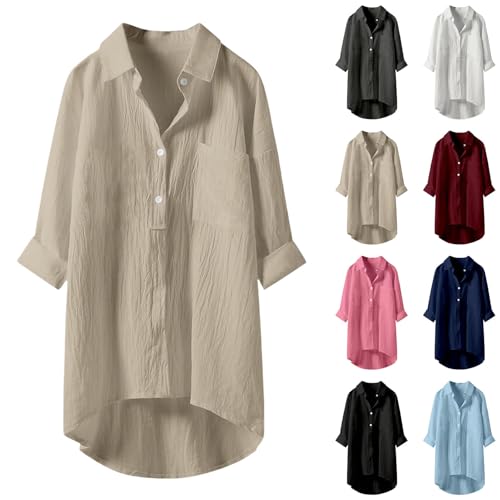 Musselin Bluse Damen Lockere Shirt V-Ausschnitt Knopfleiste Hemd Freizeit Tshirt Longshirt Einfarbig Oberteile Dünne Sommer Tunika Oversize Tops Übergroße Longbluse Blusen & Tuniken für Damen von LNNGNIA