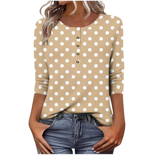 Sommerbluse Damen Damen Punkte Oberteil Rundhals Vintage Polka Dots Punkte 3/4 Arm Shirt Knopfleiste Bluse Große Größen von LNNGNIA