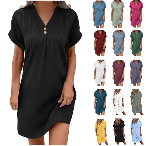 Sommerkleid Damen Baumwolle Down Leinenkleid Strandkleid Casual V-Ausschnitt Musselin Kleid Kurzarm A-Linie Minikleid Shirtkleid Kleider Leinenkleider Hemdkleid Blusenkleid von LNNGNIA