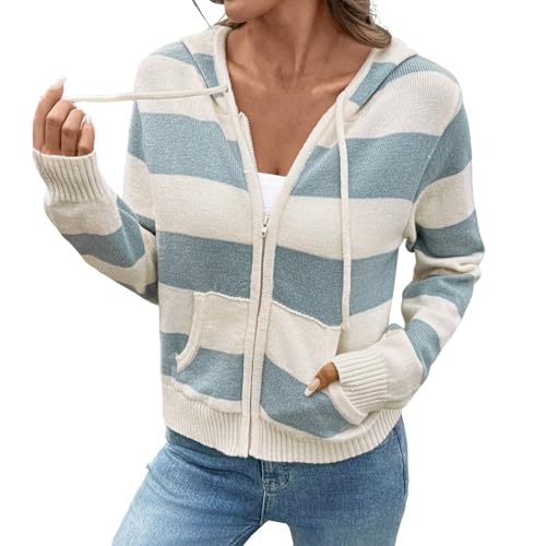 Strickjacke Damen Gestreifte Gestrickt Sweatjacke Zipper Hoodie Cardigan mit Kapuze Sweater Strickjacken Langarm Strickmantel Casual Jacke Kurze Kapuzenjacke Warme Bequem Winterjacke von LNNGNIA