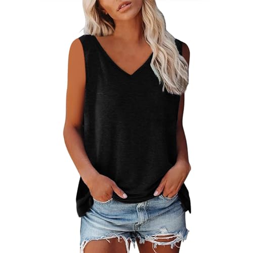 Tank Top Damen Ärmellos Oberteile Blusentop Sommer V-Ausschnitt Tanktop Casual Tshirt Basic Stretch Trägertop Baumwolle Vest Tops Einfarbig Bluse Lockere Passform Tanktops Frauen Sommertops von LNNGNIA