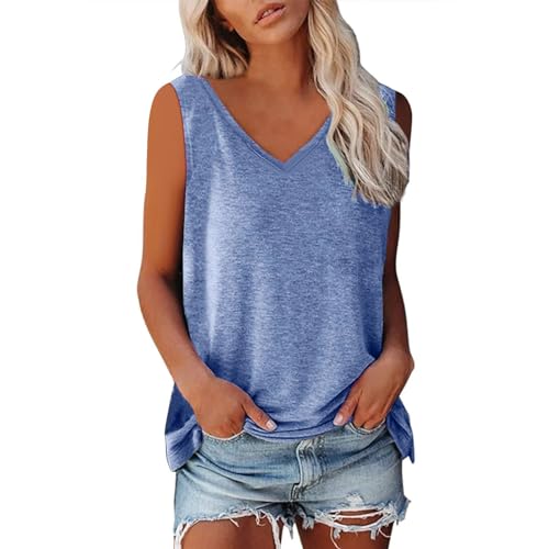 Tank Top Damen Sommer Ärmellose Tshirt Lockere Tanktop V-Ausschnitt Oberteile Blumen Druck Shirt Trägerloses Baumwolle Tops Einfarbig Bluse Tanktops Frauen Lässige Trägershirt Atmungsaktive Blusentop von LNNGNIA