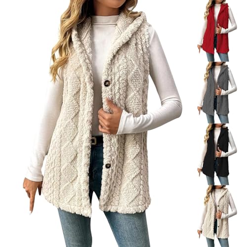 Teddy Fleece Weste Damen Ärmellose Übergangsjacke Lang Fleeceweste Casual Jacke Winter Teddyweste Hoody Fleecejacke Knöpfen Winterjacke Flauschige Plüschweste Weich Damenweste Warm Teddyjacke S-5XL von LNNGNIA