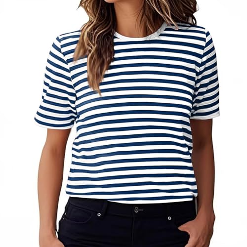 Tshirt Damen Gestreiftes Tops Kurzarm Shirt Regular Fit Bluse Sommer Oberteile Alltäglich T-Shirt Rundhals Tunika Basic Ringelshirt Teenager Mädchen Longshirt Sportshirt Blusentops S-2XL von LNNGNIA