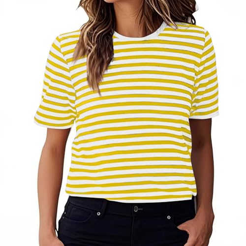 Tshirt Damen Gestreiftes Tops Kurzarm Shirt Regular Fit Bluse Sommer Oberteile Alltäglich T-Shirt Rundhals Tunika Basic Ringelshirt Teenager Mädchen Longshirt Sportshirt Blusentops S-2XL von LNNGNIA