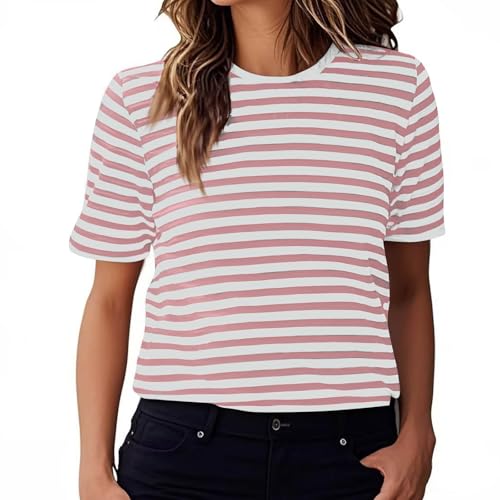 Tshirt Damen Gestreiftes Tops Kurzarm Shirt Regular Fit Bluse Sommer Oberteile Alltäglich T-Shirt Rundhals Tunika Basic Ringelshirt Teenager Mädchen Longshirt Sportshirt Blusentops S-2XL von LNNGNIA