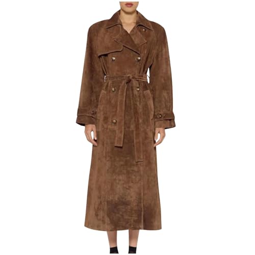 Windbreaker Damen Lang Zweireihiger Trenchcoat Wildlederimitat Cabanmantel Windjacke mit Gürtel Slim Revers Mantel Mode Damenmantel Klassische Übergangsmantel Warm Wintermantel Elegant Herbstmantel von LNNGNIA