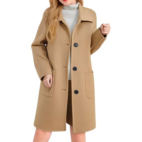 Wollmantel Damen Lang Einfarbig Winterjacke Revers Trenchcoat Winter Übergangsjacke Langarm Windbreaker mit Taschen Knöpfe Wintermantel Casual Übergangsmantel Weich Wolljacke Mode Outwear von LNNGNIA