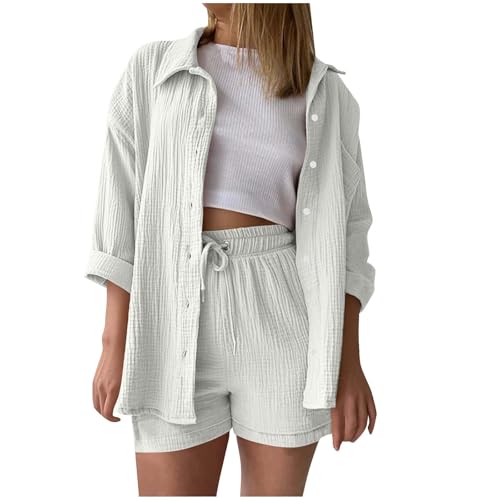 Zweiteiler Damen Sommer Musselin Bluse Hemd Shorts 2 Teiler Lounge Set Strand Urlaub Outfit Freizeitanzug Elegant Loungewear mit Taschen Oversize Two Piece Clothes Langarm Freizeit Anzug Frauen von LNNGNIA