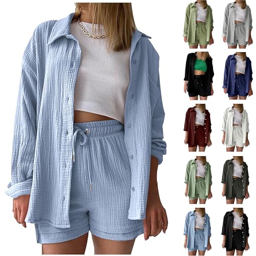 Zweiteiler Damen Sommer Musselin Bluse Hemd Shorts 2 Teiler Lounge Set Strand Urlaub Outfit Freizeitanzug Elegant Loungewear mit Taschen Oversize Two Piece Clothes Langarm Freizeit Anzug Frauen von LNNGNIA