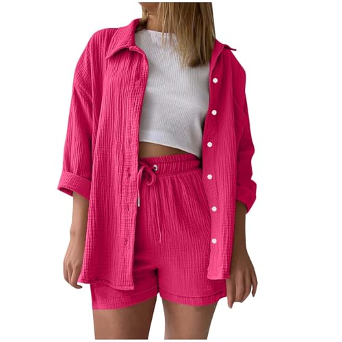 Zweiteiler Damen Sommer Musselin Bluse Hemd Shorts 2 Teiler Lounge Set Strand Urlaub Outfit Freizeitanzug Elegant Loungewear mit Taschen Oversize Two Piece Clothes Langarm Freizeit Anzug Frauen von LNNGNIA