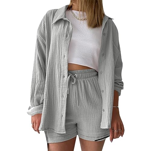Zweiteiler Damen Sommer Musselin Bluse Hemd Shorts 2 Teiler Lounge Set Strand Urlaub Outfit Freizeitanzug Elegant Loungewear mit Taschen Oversize Two Piece Clothes Langarm Freizeit Anzug Frauen von LNNGNIA
