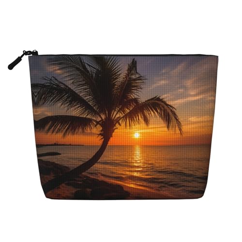 LNNIUK Make-up-Tasche mit Palmen-Sonnenuntergang-Druck, Geldbörse, Reißverschluss, Kosmetiktasche, groß, Reise-Make-up-Organizer aus Segeltuch, Schwarz, Einheitsgröße von LNNIUK