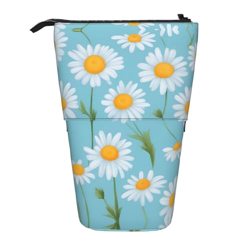 LNNIUK Teleskop-Federmäppchen mit weißem Gänseblümchen auf hellblauem Hintergrund, Stifthalter, Stand-up-Organizer, Bürotasche von LNNIUK