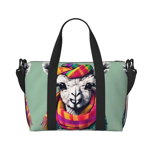 Sporttasche mit Lama-in-a-Schal-Aufdruck, für Damen, Wochenendtasche, Reisetasche, Tragetasche für persönliche Gegenstände, Schwarz, Einheitsgröße Sporttasche mit Lama-in-a-Schal-Aufdruck, für Damen, Wochenendtasche, Reisetasche, Tragetasche für persönliche Gegenstände, Schwarz, Einheitsgröße von LNNIUK
