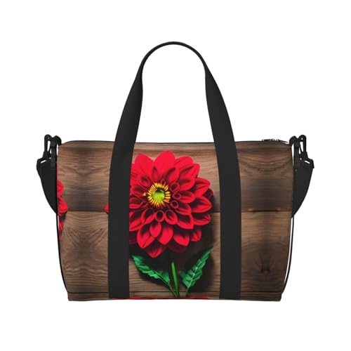 Turnbeutel mit Holzbrett, Retro-Blume, roter Dahlien-Druck, für Damen, Handgepäck, Reisetasche, persönliche Gegenstände, Tragetasche, Schwarz, Einheitsgröße von LNNIUK