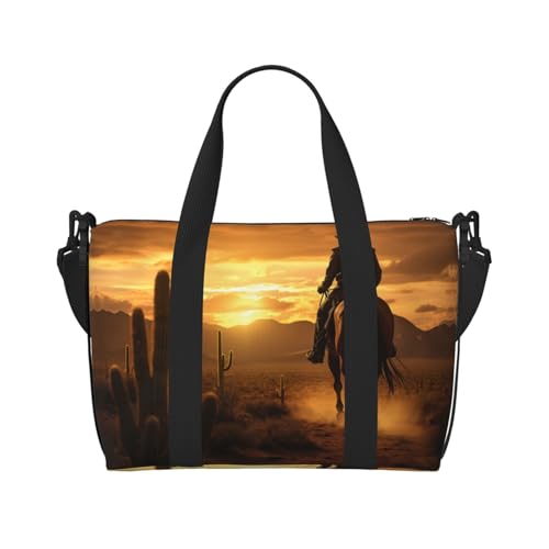 West Wüstenkaktus mit Cowboys Reitpferden 2 bedruckten Turnbeutel für Damen, Reisetasche, Tragetasche für persönliche Gegenstände, Schwarz, Einheitsgröße von LNNIUK