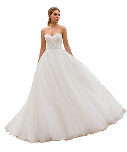 LNNLSS Prinzessin Lang Tüll Hochzeitskleid Vintage Trägerlos Brautkleid a Linie Elegant Brautkleider for Damen, Elfenbein, 50 von LNNLSS