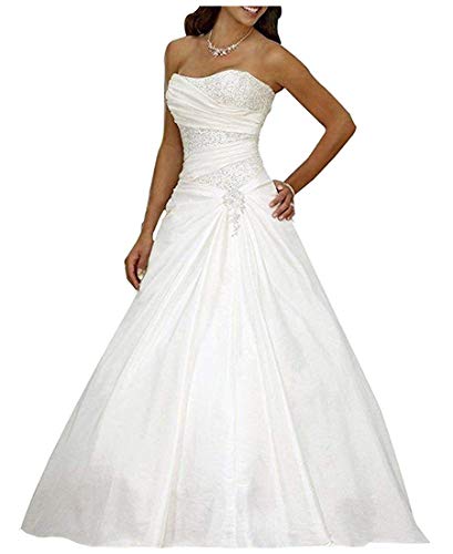 LNNLSS Romantic-Fashion Brautkleid Hochzeitskleid A-Linie Lang Satin Trägerlos Perlen Pailletten, Weiß, 40 von LNNLSS