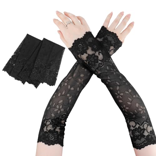 LNQ LUNIQI Spitze Armstulpen Sonnenschutz Ärmel, Schwarz Armstulpen UV Kühlung, Spitzenhandschuhe Lang Fingerlose Armstulpen, Frauen Lange Handschuhe für Draussen Reiten (1 Paar) von LNQ LUNIQI
