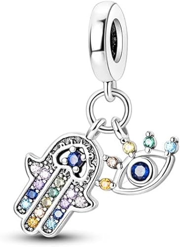 LNQOBU Hand der Fatima Charms Anhänger 925 Sterlingsilber Auge des Teufels für Armbänder Halskette Kmpatibel mit Europäischen Armbändern von LNQOBU