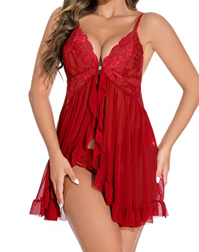 LNRFHI Frauen Dessous Frontverschluss Babydoll Spitze Chemise V-Ausschnitt Rüschen Nachthemd Sexy Nachtwäsche, Weinrot, Large von LNRFHI