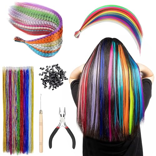 LNSYSNS 66 Stück Haarsträhnen Kinder, Bunte Haarverlängerungs Set Vollständig Ausgestattete Werkzeuge, Hair Tinsel mit 100 Perlen Ponytail Braids Clip von LNSYSNS