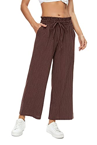 LNX Damen Leinenhose, hohe Taille, weites Bein, Kordelzug, lässige lockere Hose mit Taschen, Gestreifter Kaffee, Groß von LNX