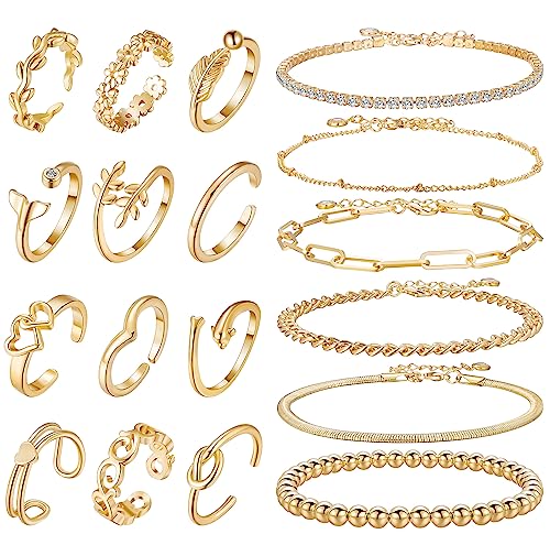 LOAYHOAY 18 Stück Fußkettchen Zehenring für Damen Strass Knöchelarmbänder Blume Blatt Herz Offene Verstellbare Zehenringe Strand Fußschmuck, Metall, Zirkonia von LOAYHOAY