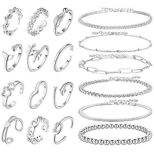 LOAYHOAY 18 Stück Fußkettchen Zehenring für Damen Strass Knöchelarmbänder Blume Blatt Herz Offene Verstellbare Zehenringe Strand Fußschmuck, Metall, Zirkonia von LOAYHOAY