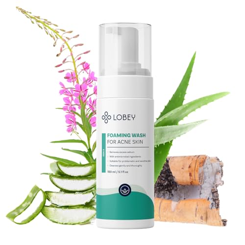 LOBEY Gesichtsreinigungsschaum gegen Akne – Gesichtspflege bei Unreiner Haut – Sanfte Reinigung mit Teebaumöl, Weidenröschen & Birkenextrakt – Natürlich – Anti-Pickel (150 ml) von LOBEY