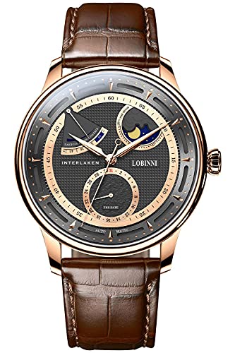 LOBINNI Herren Moon Phase Mechanische Automatikuhr Wasserdicht Handgelenk Kleid Mode Luxus Uhren für Männer, Schwarzbraun, Mechanische, automatische Armbanduhr von LOBINNI