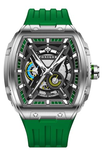 LOBINNI Poniger Herren Armbanduhr Tonneau Square Analog Sport Edelstahl Luxus Leuchtend mit Gummiband, Grün von LOBINNI