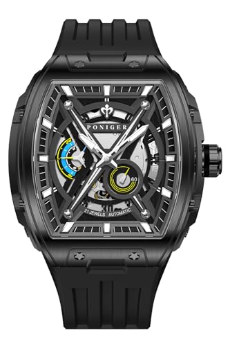 LOBINNI Poniger Herren Armbanduhr Tonneau Square Analog Sport Edelstahl Luxus Leuchtend mit Gummiband, Schwarz von LOBINNI