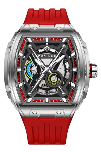 LOBINNI Poniger Herren Armbanduhr Tonneau Square Analog Sport Edelstahl Luxus Leuchtend mit Gummiband, rot, Armband von LOBINNI