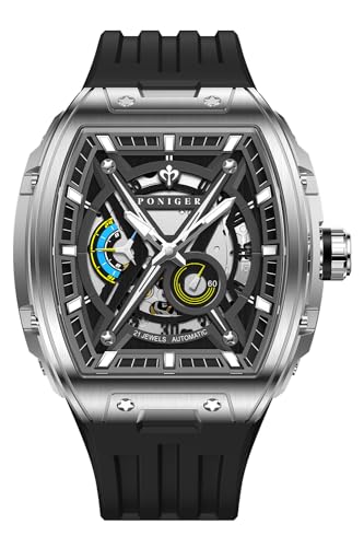 LOBINNI Poniger Herren Armbanduhr Tonneau Square Analog Sport Edelstahl Luxus Leuchtend mit Gummiband, silber von LOBINNI