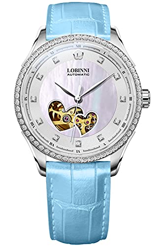 LOBINNI Damen Skelett Edelstahl Automatisch Mechanische Mode Analog Diamant Luxus Uhr Elegant Weihnachten Valentinstag, Blau von LOBINNI