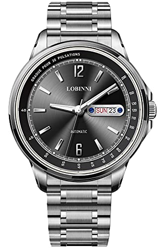 LOBINNI Easy Reader Herren-Armbanduhr mit Tagesdatum, Edelstahlband, Schwarz, Modern von LOBINNI
