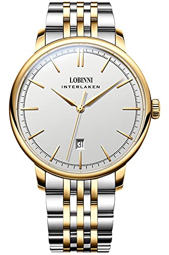 Lobinni Herren Top Marke Mode Business Casual Automatische Mechanische Edelstahl Kalender Uhr, Gold / Weiß, Armband von LOBINNI