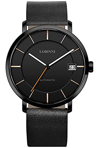 Lobinni Herren Ultra Dünn Kleid Mechanische Automatik Kalender Luxus Analog Frauen Armbanduhr Business Paar Uhren, Schwarz-Schwarz-W, Mechanisch von LOBINNI