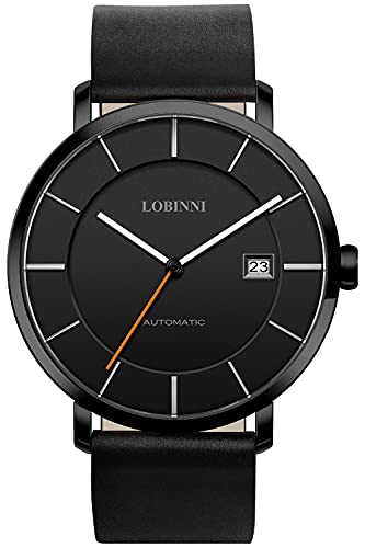 Lobinni Herren Ultra Dünn Kleid Mechanische Automatik Kalender Luxus Analog Frauen Armbanduhr Business Paar Uhren, Schwarz-Schwarz-m, Mechanisch von LOBINNI